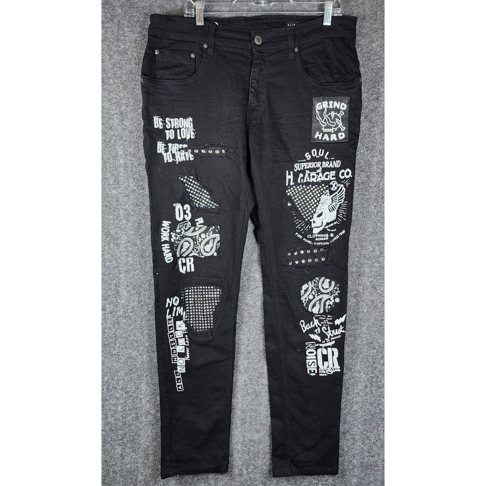 Copper Rivet Jeans Mens 36x33 Slim Fit Black Graphic Studded Distressed EUC